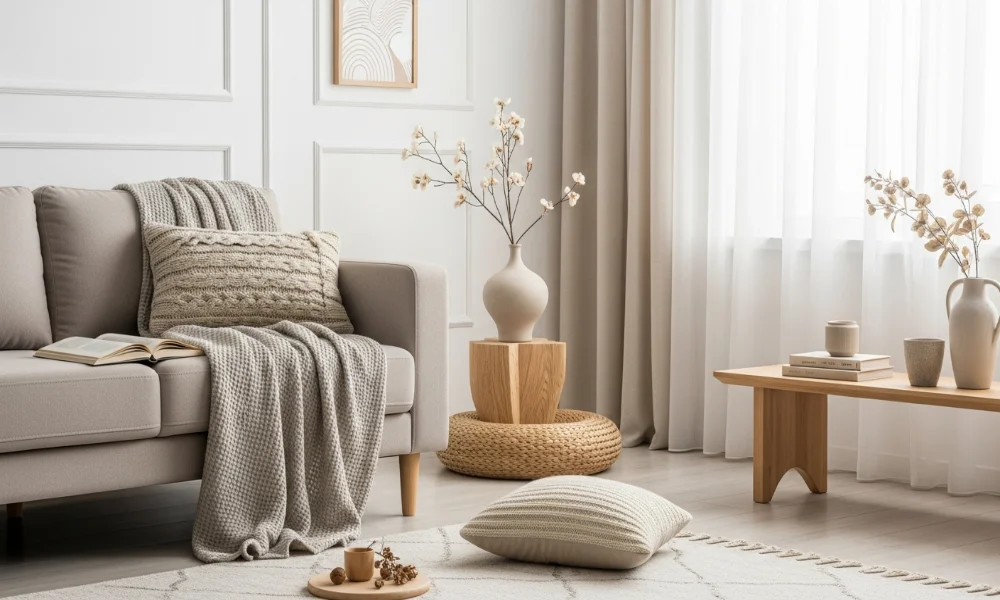 Neutral-toned living room with sofa, plants, and natural light.