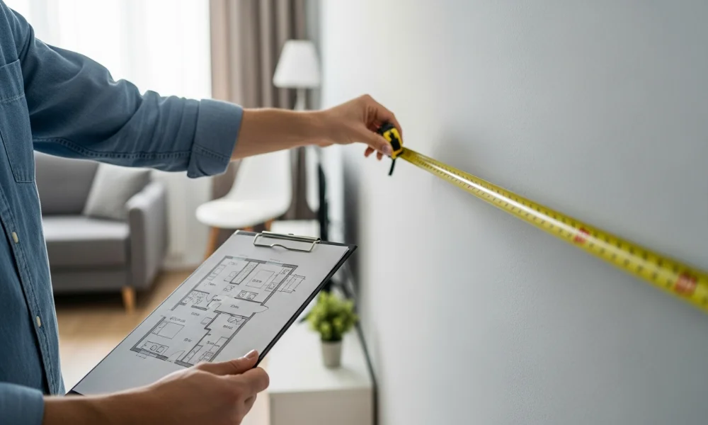 Person measuring wall with tape, holding blueprint