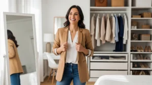 Smiling woman in blazer in front of closet