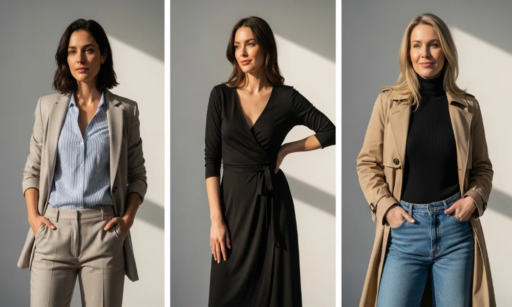 Three women in business casual outfits