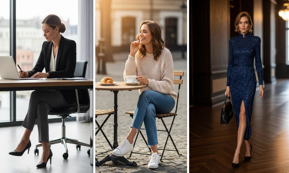 Three women in different outfits