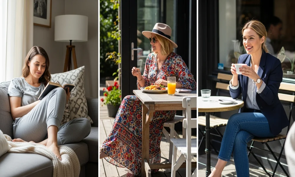 Three women relaxing: reading, dining, coffee