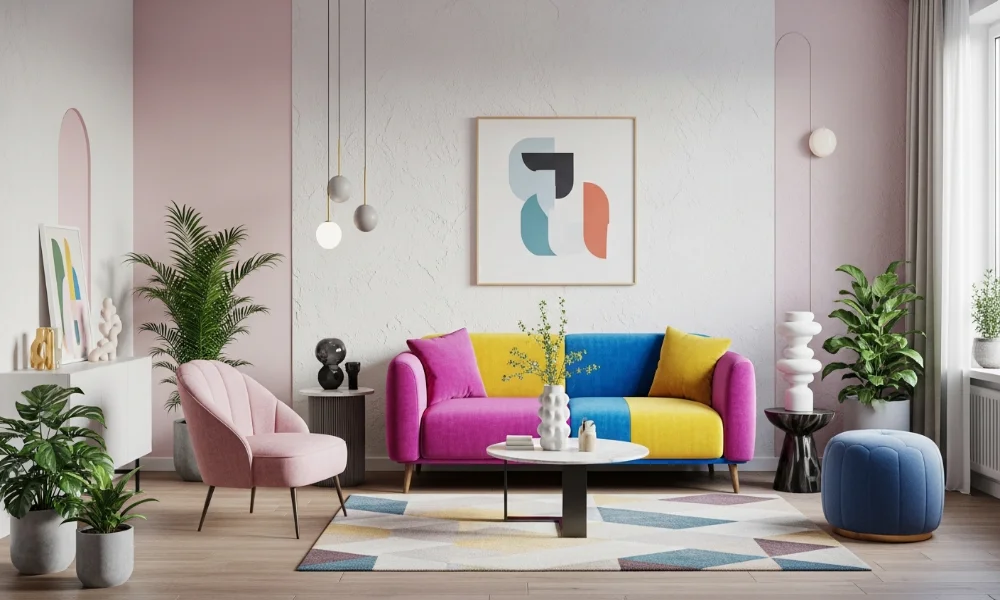 Vibrant modern living room with colorful furniture