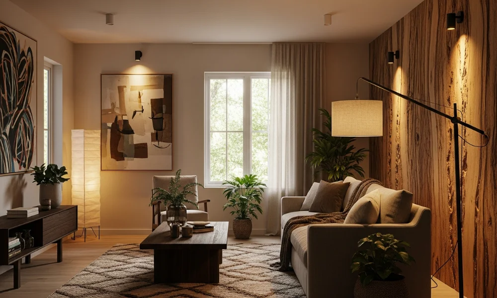 Warm, modern living room with wood accents