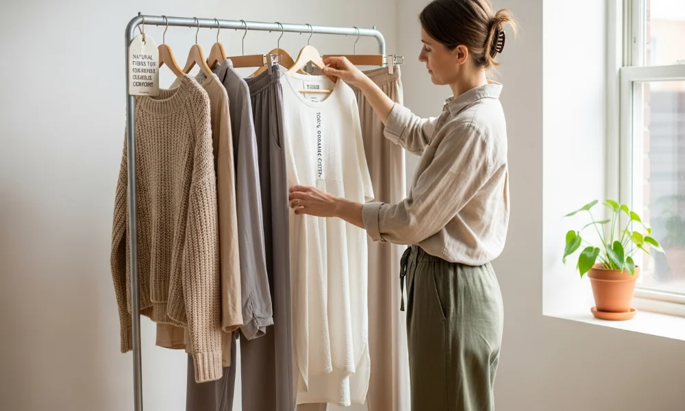 Woman browsing neutral-toned clothes on a rack