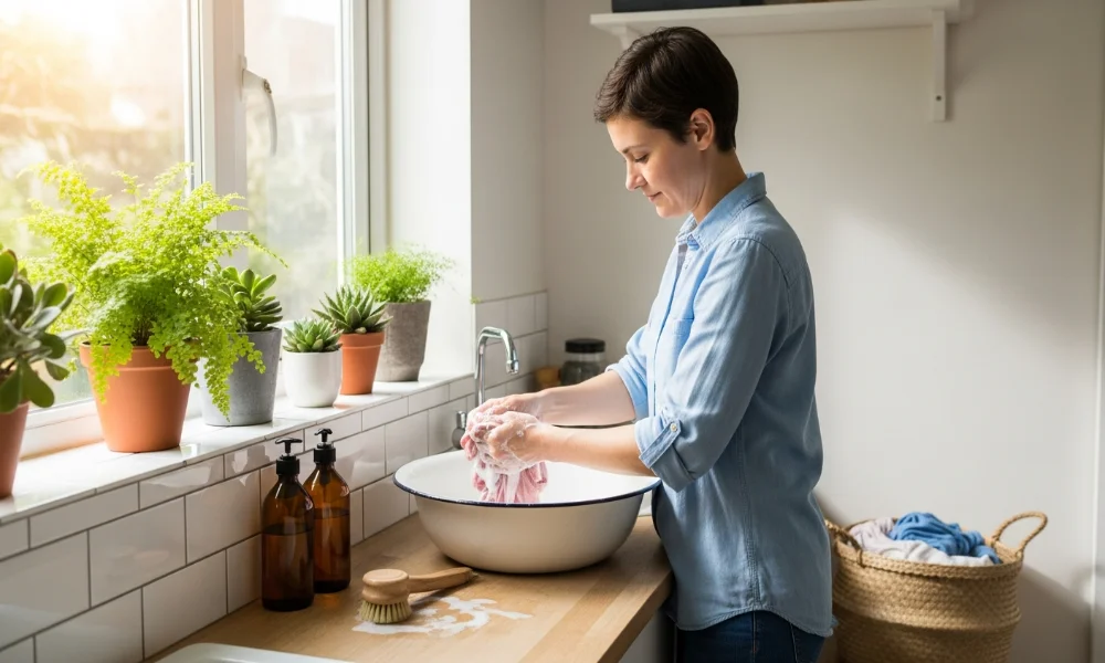 Woman handwashing laundry in a white basin