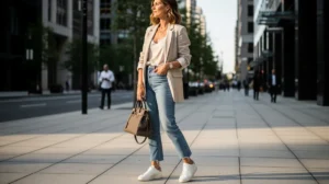 Woman in blazer, jeans, and sneakers on city street