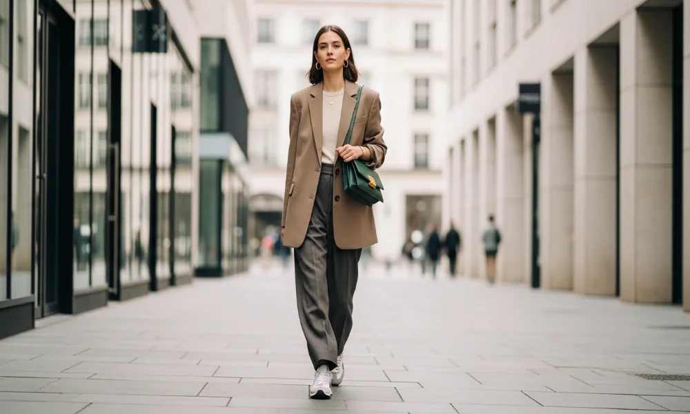 Woman in brown blazer, gray pants, green bag walking
