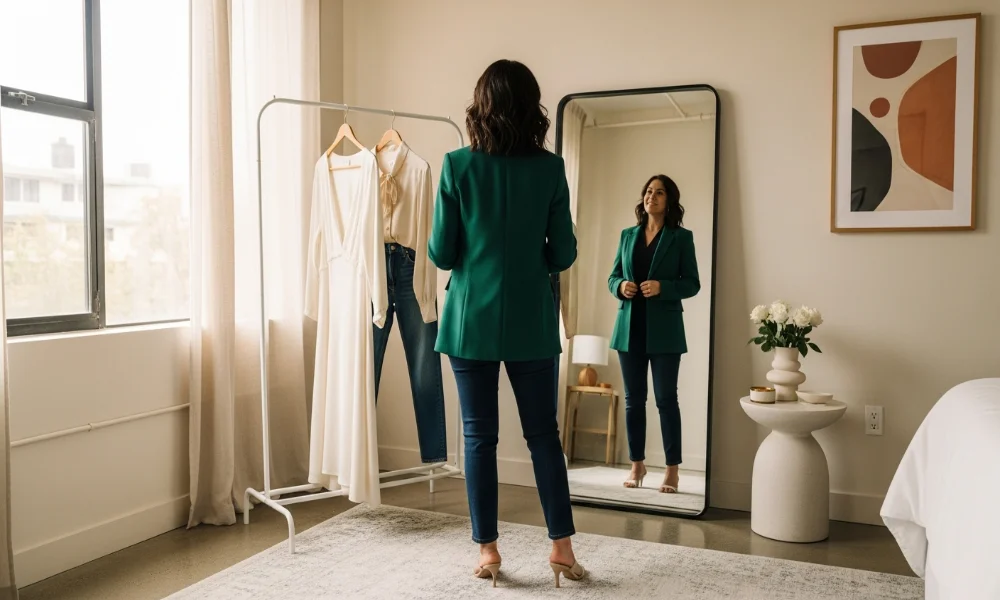 Woman in green blazer looking in mirror