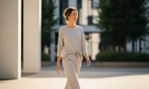 Woman in light gray loungewear walking outdoors