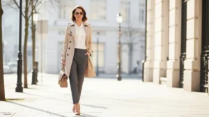 Woman in trench coat and sunglasses walking