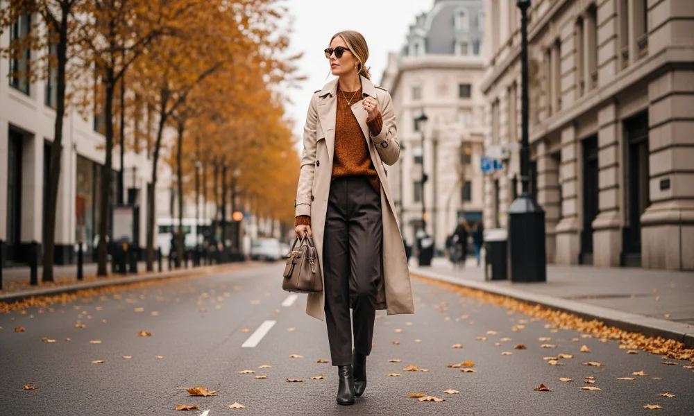 Woman in trench coat walks autumn street