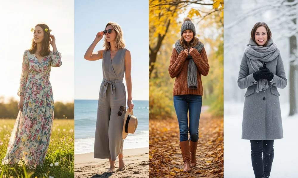 Women in seasonal outfits: spring, summer, autumn, winter