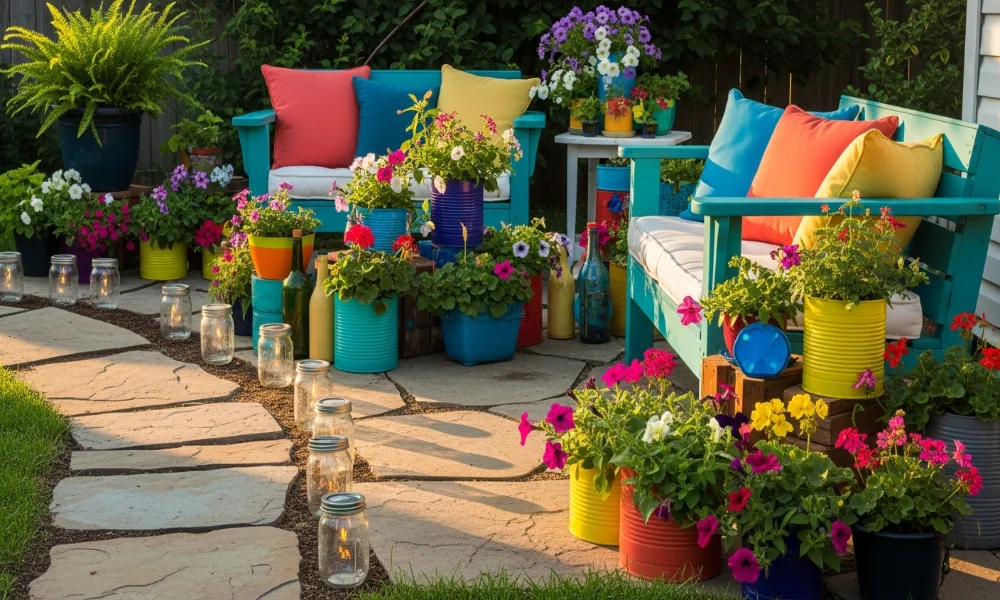 Colorful patio with teal benches, potted flowers