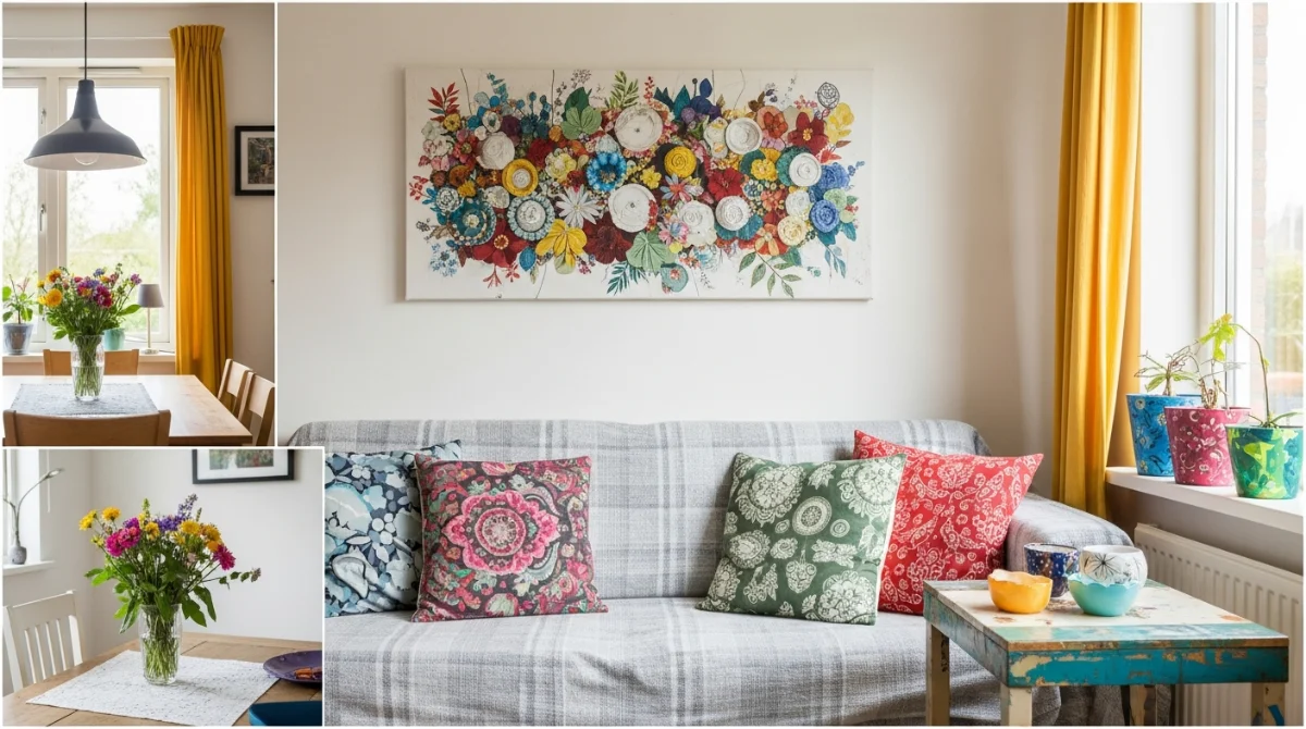 Cozy living room with floral art and decor