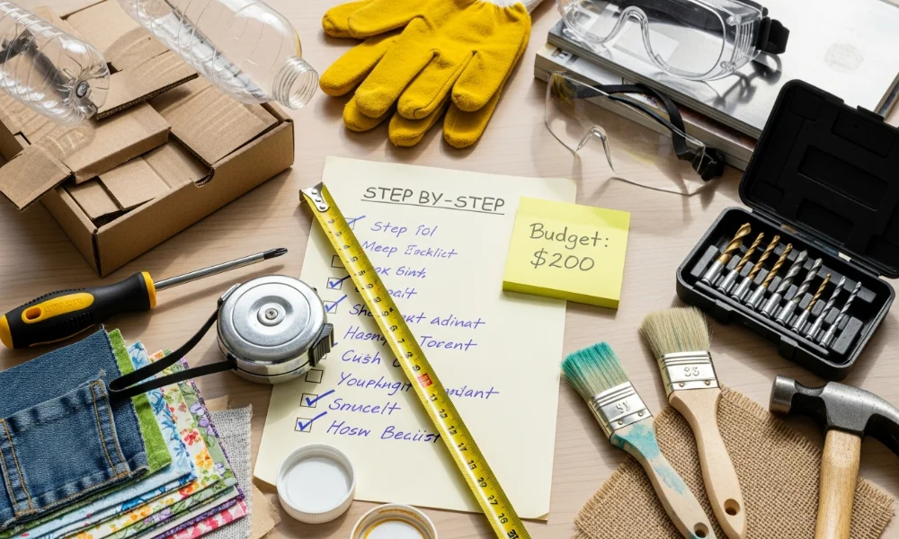 DIY tools, checklist, and budget on desk