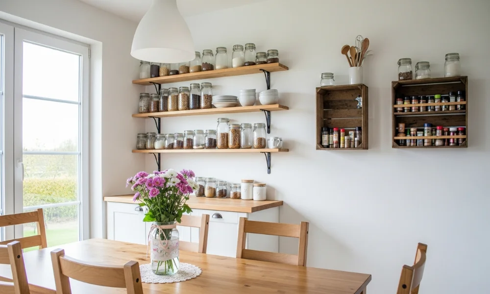 Kitchen with wooden table, shelves of jars, spice racks
